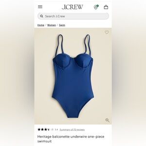 NWOT J Crew Heritage Balconette Underwire One Piece Swimsuit - Size 4 ~ Blue